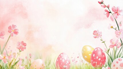Watercolor Easter illustration in soft pastel colors. Hand drawn card template, greeting, invitation text frame with colorful Easter eggs, spring flowers. Holiday banner, background watercolor smudges