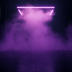Obraz premium Vibrant Purple Fog Fills an Empty Space Illuminated by Glowing Neon Lights During a Nighttime Event