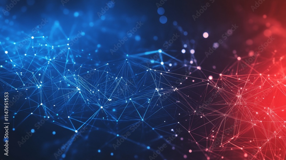 Poster abstract digital background with interconnected blue and red lines representing neural networks and 