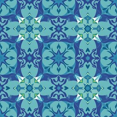 Fototapeta premium Azure Tile Pattern: A seamless repeat of intricate teal and blue floral designs. Perfect for backgrounds, textiles, and surface design. Captures a sense of elegance and sophistication. 