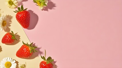 Fresh strawberries and daisies on a soft - colored background.
Uses: kitchen decor, blog background, book cover.