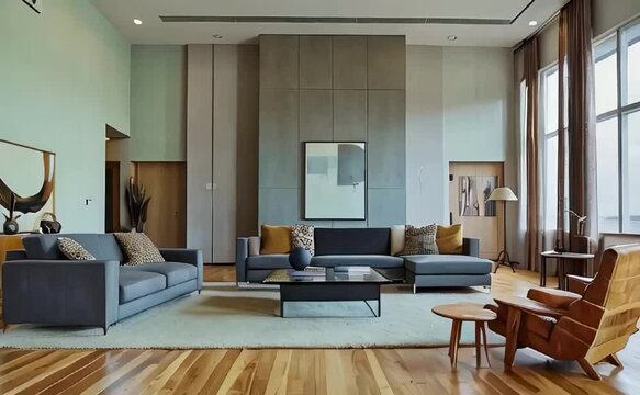 a living room with talli cellings. The interior fits the astetic of livable and eclectic brutalism