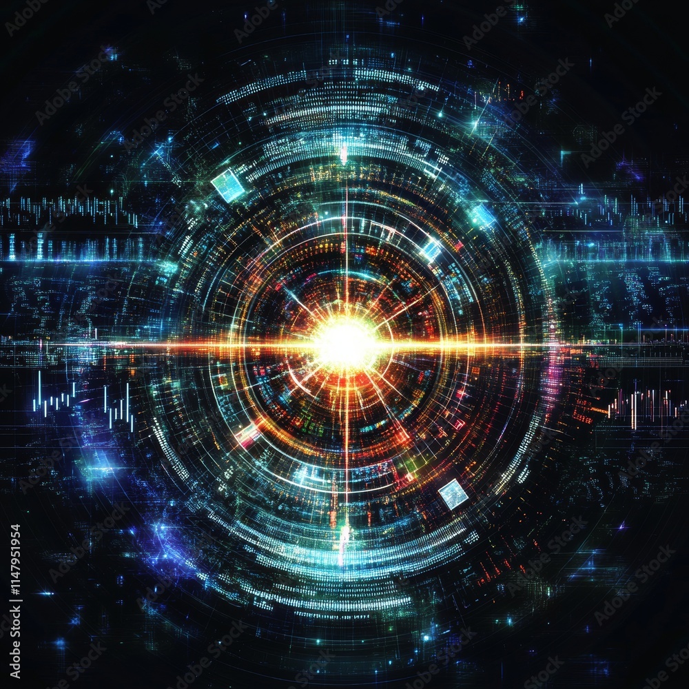 Poster bright light surrounded by glowing digital patterns in a futuristic design representing energy and d