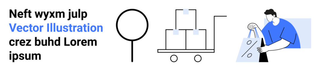 Man receives packages with a trolley beside a magnifying glass icon. Ideal for e-commerce, delivery services, online shopping, retail, logistics, customer service, and product tracking concepts