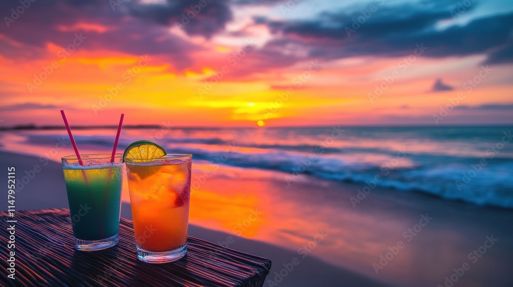 Poster enjoy colorful cocktails on a tropical beach at sunset with breathtaking views and a relaxing atmosp