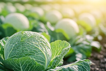 Fototapeta premium Fresh cabbage in harvest field. Cabbage are growing in garden. Organic vegetable background in freshness atmosphere farm on mountain with mist in morning.