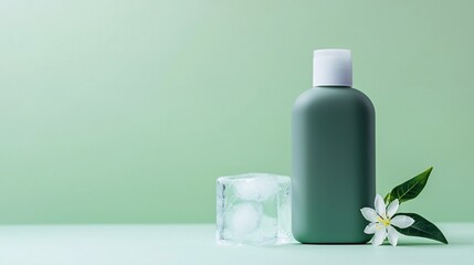 Green cosmetic bottle with ice cube and flower on green background.