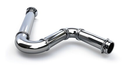 A close up shot of a shiny chrome metallic automotive pipe or car part laid against a plain white background  The curved reflective surface of the steel part creates an abstract