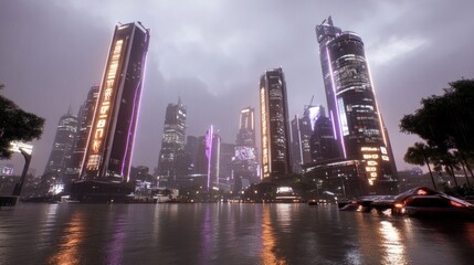 Fototapeta premium Futuristic city skyline at night, reflecting on water.