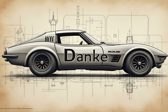 Vintage Corvette Blueprint with German Danke Typography Overlay