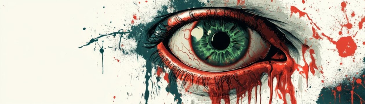 A close-up of an eye with vibrant green iris, surrounded by splashes of red and blue, creating an intense and artistic visual impact.