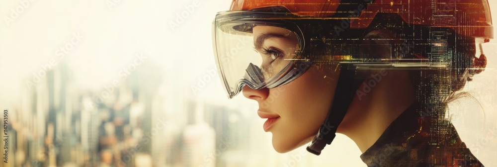 Poster profile of a person in safety helmet and goggles with urban environment in background showcasing con