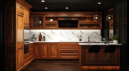 a small kitchen with black and wood colors, a marble wall panel, a wooden floor, and white lights above the top lighting