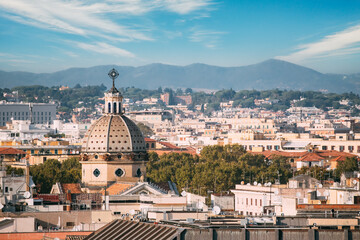 Obraz premium Rome, Italy. Cupola Of San Gioacchino Ai Prati Castello Church And Cityscape Of Town