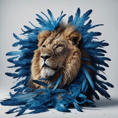 A lion surrounded by falling blue feathers on a white background.