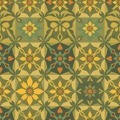 Fototapeta premium Vintage Floral Tile Pattern: A timeless and elegant design featuring intricate floral motifs in a harmonious palette of warm greens, yellows, and browns.