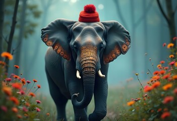 Elephant Large Pachyderm with Ivory Tusks and a Hat in the Jungle Safari Wildlife Mammal Animal