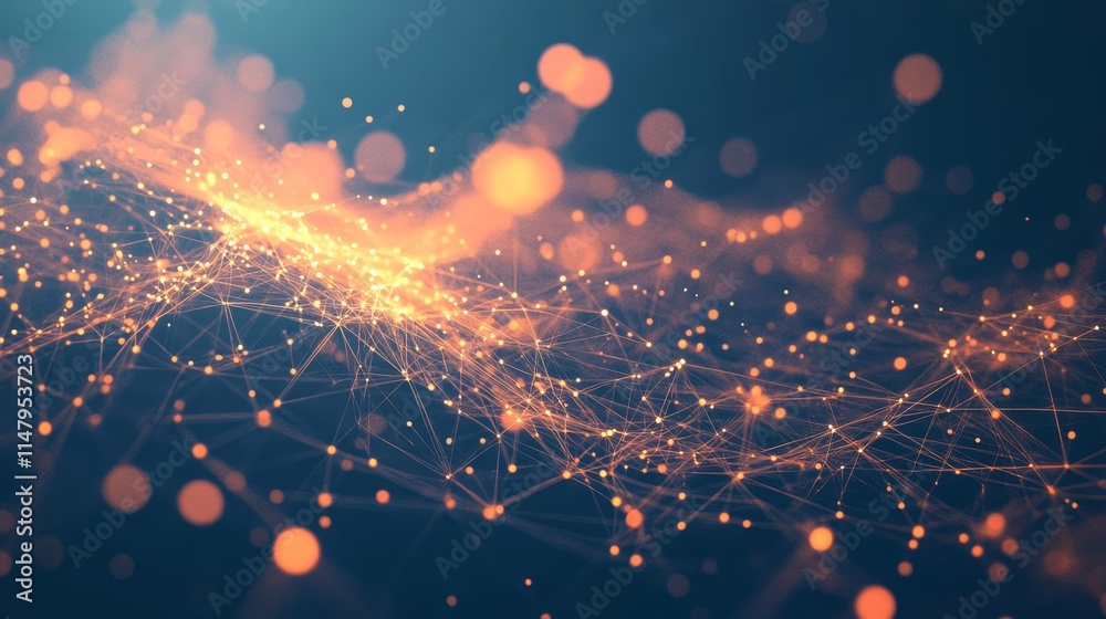 Poster abstract visual of glowing particles and lines creating a network pattern in a dark blue background 