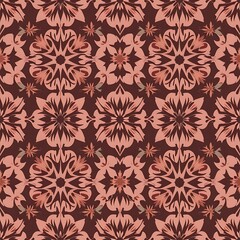 Fototapeta premium Brown and Coral Floral Damask Pattern: A rich brown background is adorned with intricate coral-colored damask floral patterns, creating a seamless and elegant design.