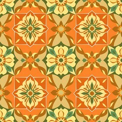 Vibrant Floral Tile Pattern: A seamless design of intricate floral motifs in warm autumnal hues of orange, green, and beige. Perfect for textile design, wallpaper, and surface pattern applications. 