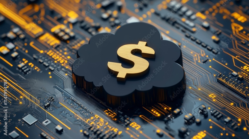Poster digital representation of cloud computing with financial symbol on a circuit board showcasing techno