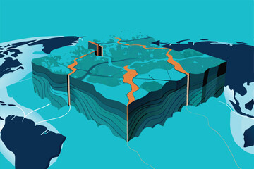 Illustrate the dynamic underwater process of oceanic tectonic plate movement, showcasing subduction and ridge formation.  Detail the geological features.