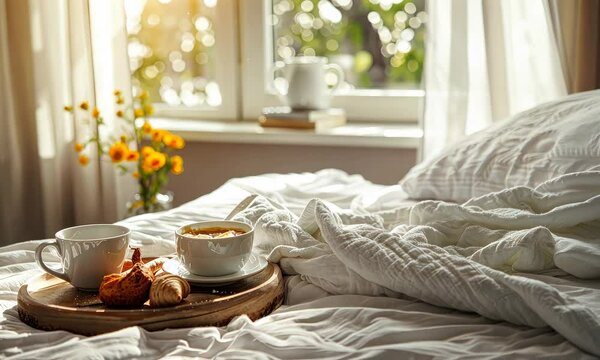 Cozy breakfast setup on bed with morning light