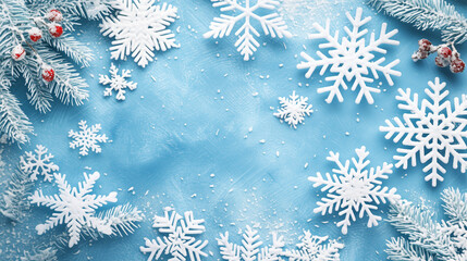 Winter Schneeflocken Grafik mit blauem Hintergrund und Details, Winter Wonderland mit bezauberndem Schneetreiben, Weiße Schneeflocken auf hellblauem Hintergrund