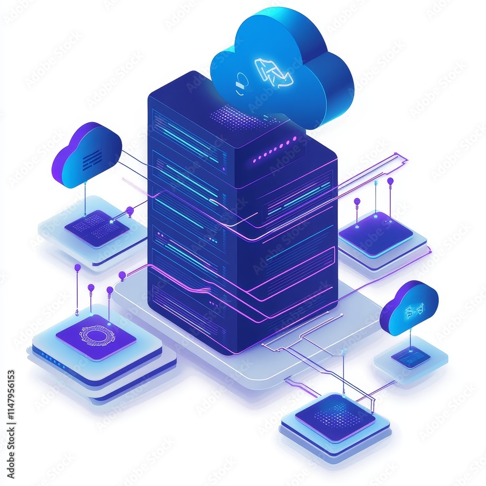 Poster conceptual illustration of cloud computing technology showcasing a data center with interconnected c