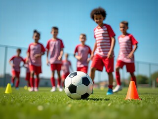 Obraz premium Youth Soccer Team Practicing on Grass Field
