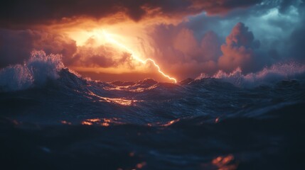 Fototapeta premium Dramatic ocean storm with lightning striking waves at sunset.