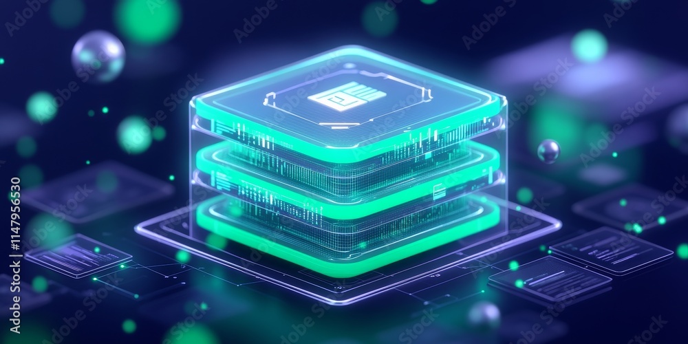 Poster high-tech computer chip design with glowing green layers showcased against a futuristic backdrop fea