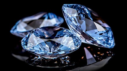 Luminous Blue Diamonds Close-up of Sparkling Gemstones on Black Reflective Surface