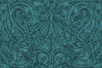 Intricate teal pattern featuring stylized creatures and organic shapes