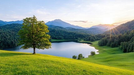 Serene sunset over a tranquil lake nestled in a mountain valley, single tree in foreground.