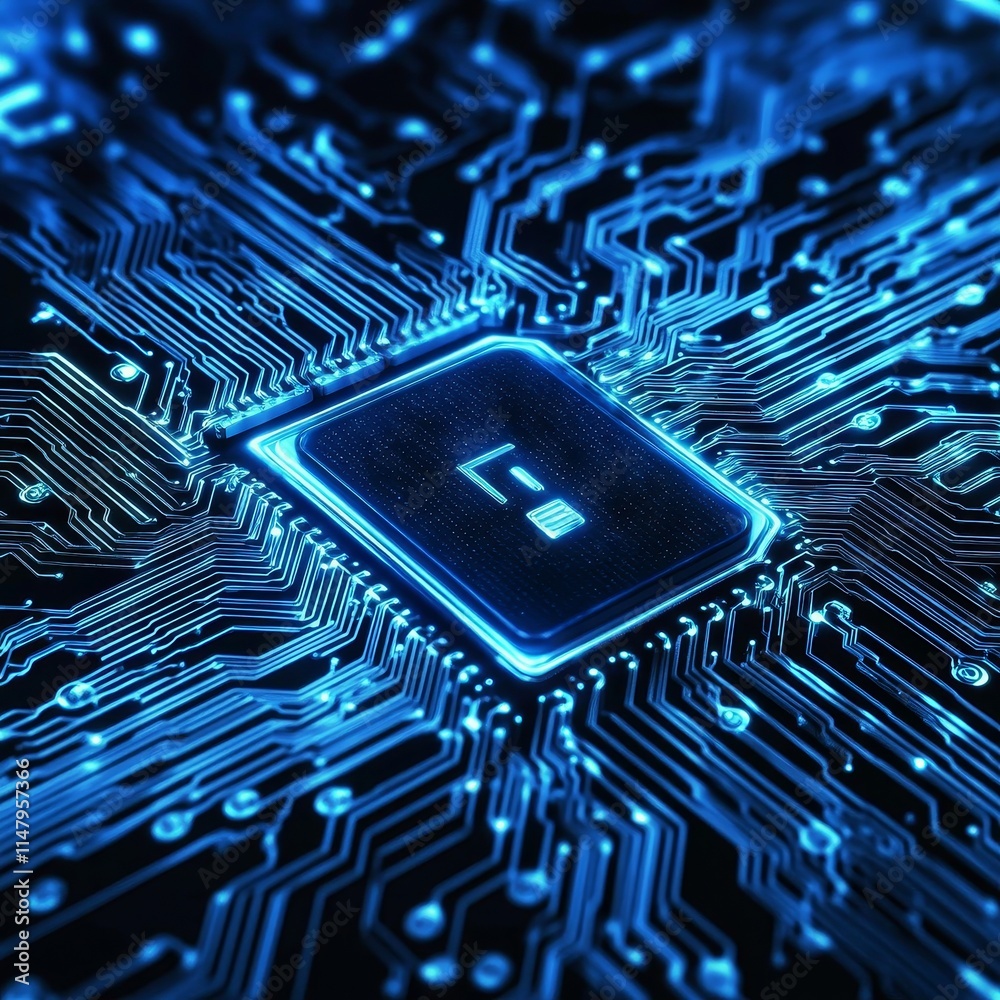 Poster close-up view of a microchip on a circuit board illuminated in blue light, highlighting intricate pa