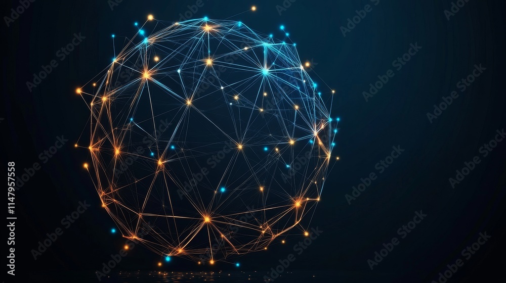 Poster digital network visualization showing interconnected nodes and edges illuminated with blue and orang
