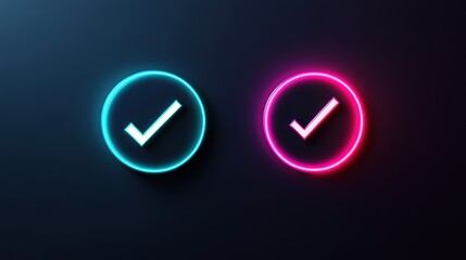 Neon checkmarks in circles, blue and pink.