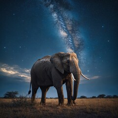 A majestic elephant under a glowing blue and white sky filled with stars.