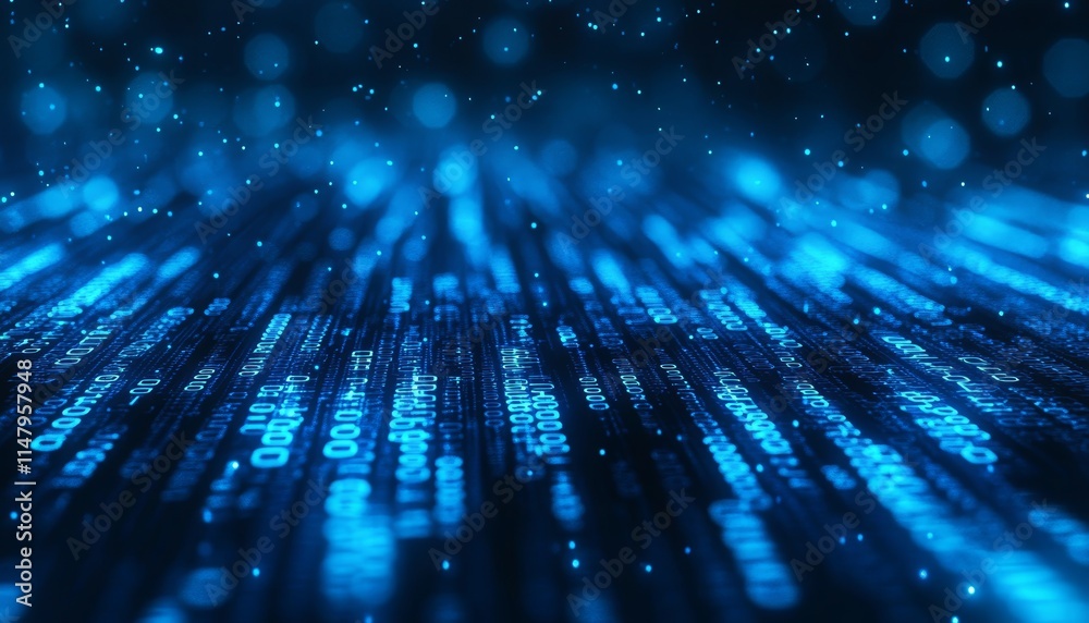 Poster digital projection of blue binary code streams flowing in a futuristic environment reflecting advanc