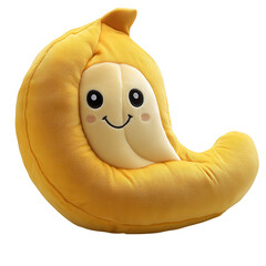 Yellow cartoon-style banana stuffed toy with eyes and mouth, transparent PNG for child-friendly content