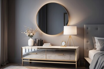 Elegant room interior with mirror on nightstand