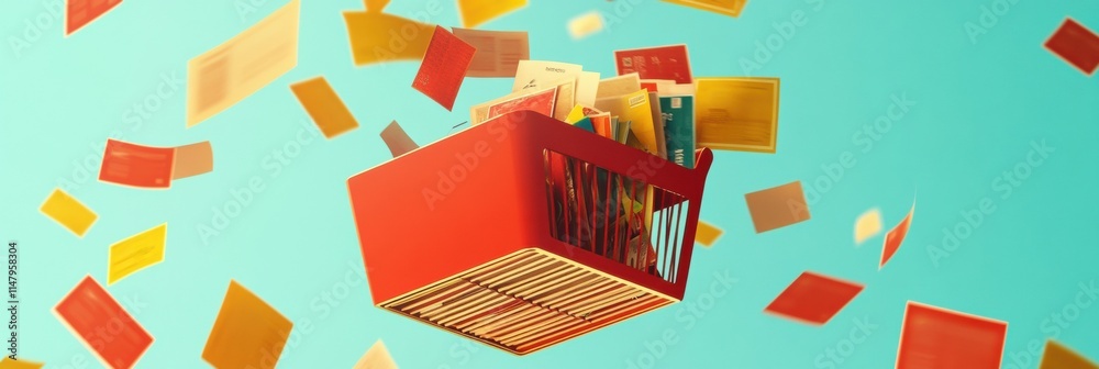 Poster Colorful cards falling from a red shopping basket in a bright backdrop creating a lively atmosphere. Generative AI
