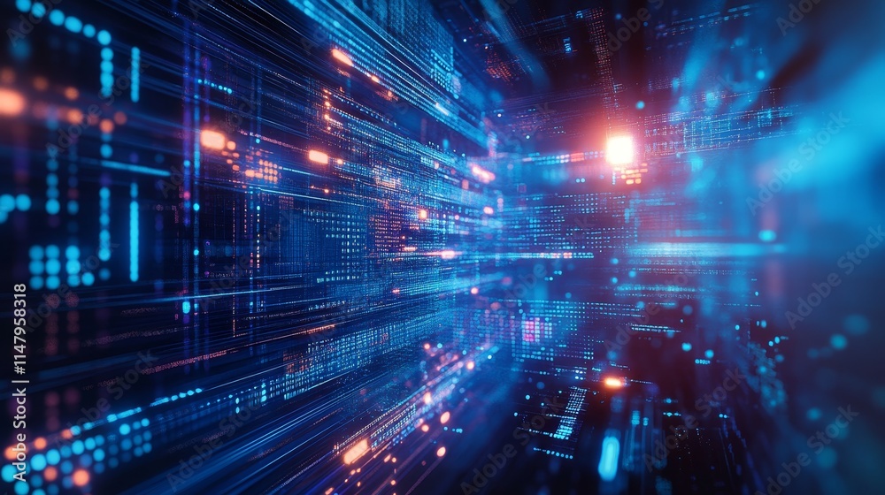 Poster digital data stream flowing through a futuristic network space with glowing points and lines in vibr