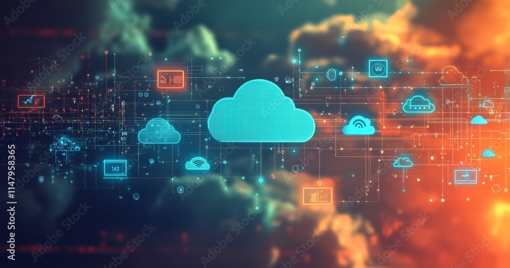 Poster cloud computing concept with digital icons and data visualization against a colorful background show