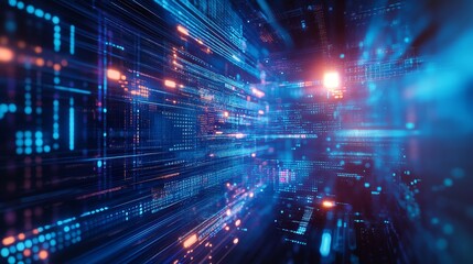 Obraz premium Digital Data Stream Flowing Through a Futuristic Network Space With Glowing Points and Lines in Vibrant Blue and Orange Tones
