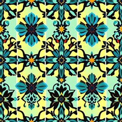 Fototapeta premium Vibrant Floral Tile Pattern: A seamless repeat of stylized floral designs in teal, yellow, and black, reminiscent of traditional tilework. Perfect for backgrounds, textiles, and surface designs. 