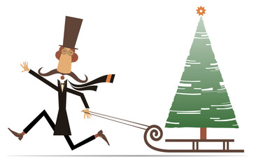Fototapeta premium Christmas. Funny man in the top hat. Christmas tree on the sledge. Cartoon long mustache gentleman in the top hat conveys a fir on the sledge. New Year day tree. Isolated on white background 
