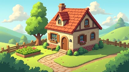 Charming cartoon house nestled in a picturesque rural landscape, Generative AI