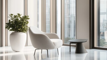 Fototapeta premium Minimalist modern lounge with sleek, refined decor. Featuring clean lines and subtle hues